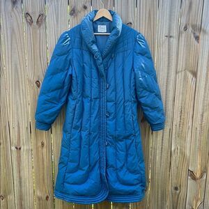 Down Blue Quilted Women's Long Coat Vintage Winter Blue Puffer 80s Rare size 16